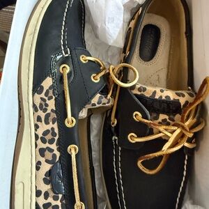 Sperry Black and Leopard Boat Shoes with Gold Laces